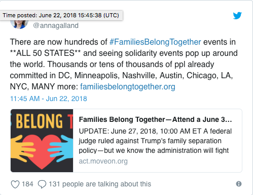 Picture of tweet with hashtag #familiesbelongtogether